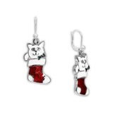 White Kitty Cat in Stocking Earrings in Silver Tone, Holidays, Christmas, New Years
