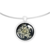 White Queen Anne's Lace Pressed Flower w/ Black Background 1" Pendant Necklace in Silver Tone