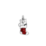 White Kitty Cat in Stocking Petite Pendant Necklace in Silver Tone, Holiday, Winter, Christmas