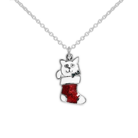 White Kitty Cat in Stocking Petite Pendant Necklace in Silver Tone, Holiday, Winter, Christmas