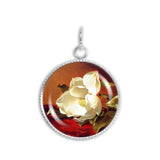 White Magnolia Flower on Red Velvet Art Painting 3/4" Charm for Petite Pendant or Bracelet Silver Tone