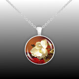 White Magnolia Flower on Red Velvet Art Painting 1" Pendant Necklace in Silver Tone