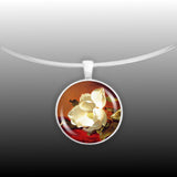 White Magnolia Flower on Red Velvet Art Painting 1" Pendant Necklace in Silver Tone