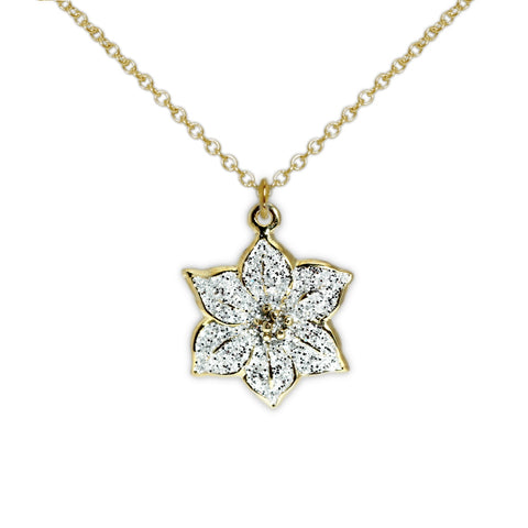 Glittery White Poinsettia Flower Petite Drop Pendant Necklace in Gold Tone