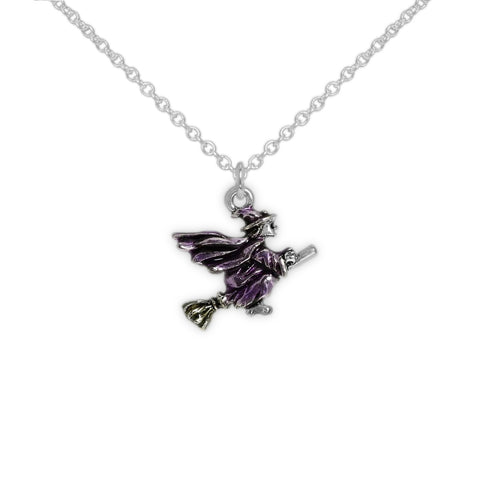 Ridin' Her Broom Purple Cloaked Witch On Broomstick Petite Drop Pendant Necklace in Silver Tone