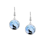 Silhouette of Wolf Howling At Blue Tinged Moon Art Dangle Earrings w/ 3/4" Charms in Silver Tone