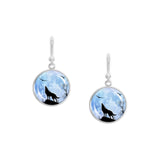 Silhouette of Wolf Howling At Blue Tinged Moon Art Dangle Earrings w/ 3/4" Charms in Silver Tone