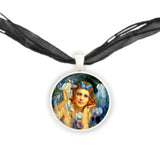 Wood Nymph Among the Irises Bussiere Art Painting 1" Pendant Necklace in Silver Tone