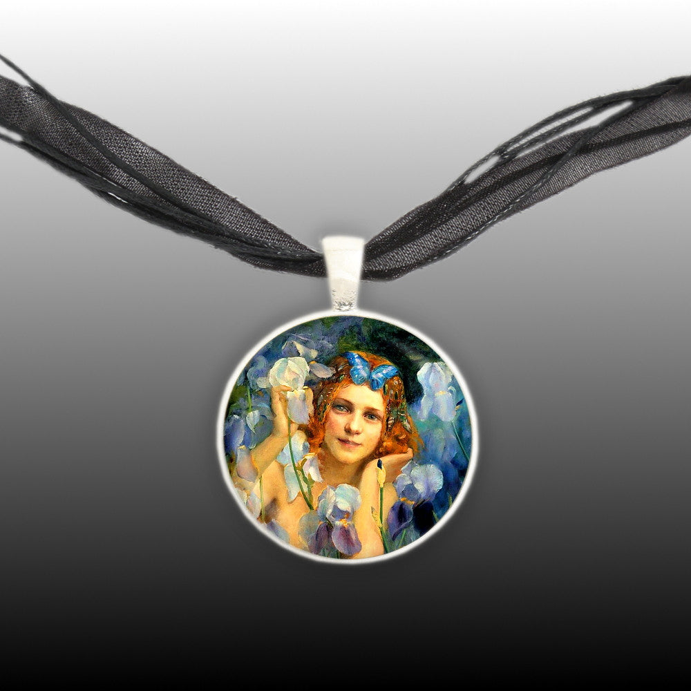 Wood Nymph Among the Irises Bussiere Art Painting 1" Pendant Necklace in Silver Tone