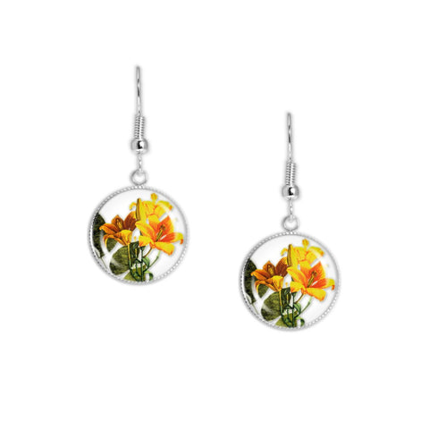 Blooming Sunny Yellow Daylily Flowers Illustration Dangle Earrings w/ 3/4" Charms in Silver Tone