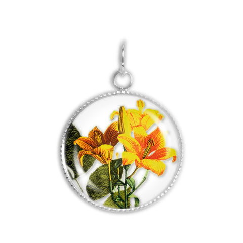Blooming Sunny Yellow Daylily Flowers 3/4" Charm for Petite Pendant or Bracelet in Silver Tone