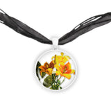 Blooming Sunny Yellow Daylily Flowers Illustration 1" Pendant Necklace in Silver Tone