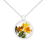 Blooming Sunny Yellow Daylily Flowers Illustration 1" Pendant Necklace in Silver Tone