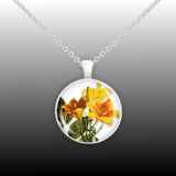 Blooming Sunny Yellow Daylily Flowers Illustration 1" Pendant Necklace in Silver Tone