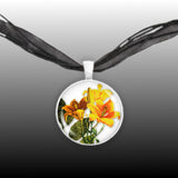 Blooming Sunny Yellow Daylily Flowers Illustration 1" Pendant Necklace in Silver Tone