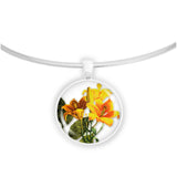 Blooming Sunny Yellow Daylily Flowers Illustration 1" Pendant Necklace in Silver Tone