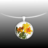 Blooming Sunny Yellow Daylily Flowers Illustration 1" Pendant Necklace in Silver Tone